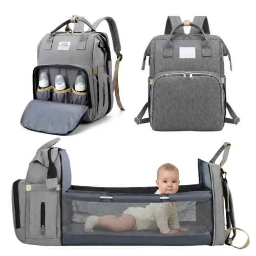 Mochila Maternidade térmica c/Berço, Troca Bebê e Porta Frauda - Cinza tecido Liso