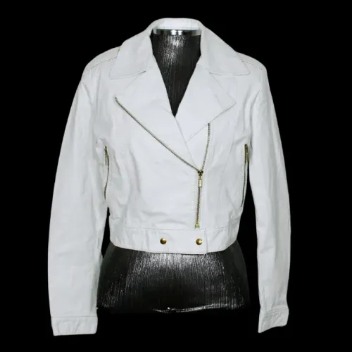 Jaqueta feminina biker branca couro legítimo cropped - Veste P/M  - Ref. 6044