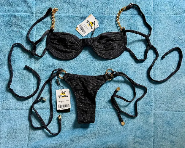 Biquíni Praieira Preto Shine Com Correntes Douradas Novo com Etiqueta Tam M