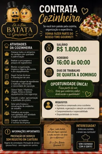 Líder/Auxiliar de Cozinha / Cozinheira em Desenvolvimento - Oportunidade para Gastronomia