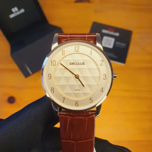 Relógio Seculus Slim 38mm dourado marrom 