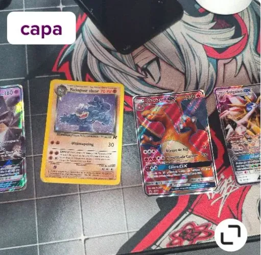 lote épico pokémon: charizard gx full art + raridade vintage team rocket + lendários gx