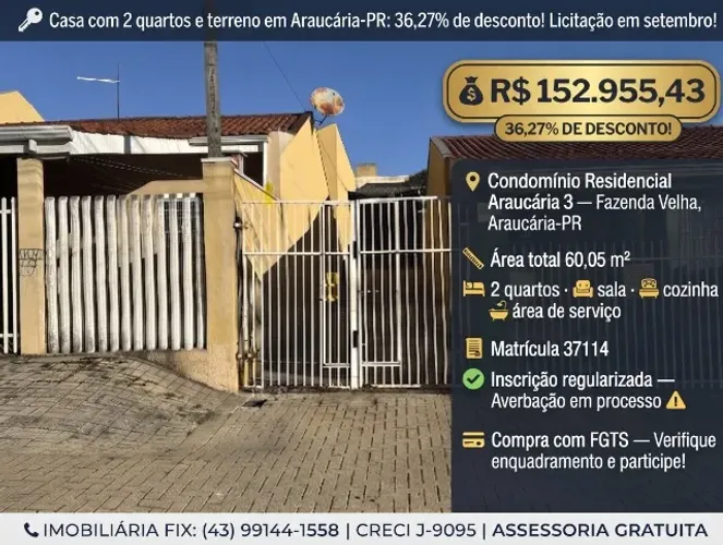 ? Casa com 2 quartos e terreno em Araucária-PR: 36,27% de desconto! Licitação em setembro