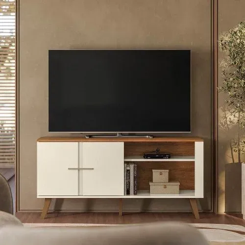 Rack Ilheus Para Tv Até 55 Polegadas Com Porta de Correr e Nichos Off / Canela