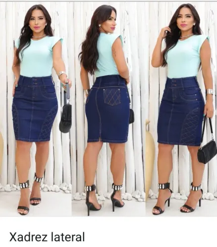Saia Jeans Cintura Alta Midi Detalhe Xadrez Lateral