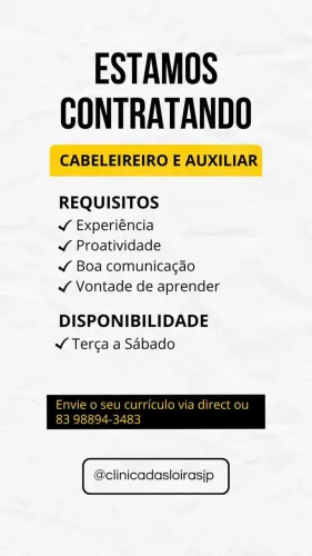 Vaga de emprega para Cabeleira/Auxiliar