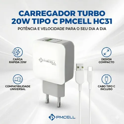 Carregador Turbo 20W Tipo C Branco PmCell HC31 Universal