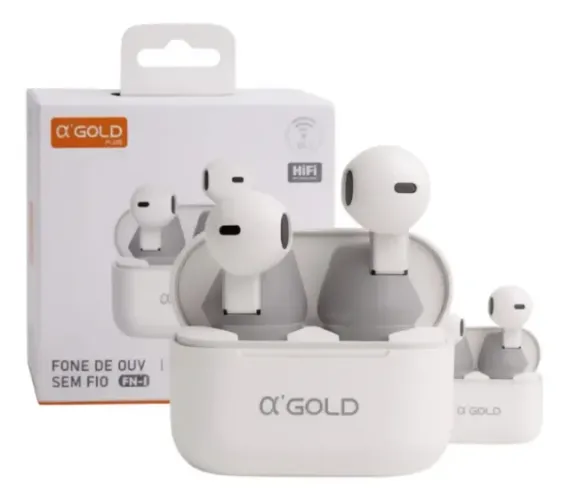 Fone Sem Fio Branco TWS Alpha Gold FN-B09 Bluetooth 5.3 HiFi Anatel