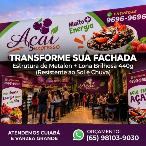 Fachada Comercial Estrutura Metalon e Lona Brilhosa 440g Cuiaba VG
