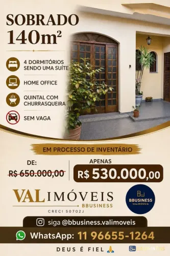 SOBRADO À VENDA 140M² 4 DORMITÓRIOS SENDO 1 SUÍTE, ESCRITORIO E QUINTAL COM CHURRASQUEIRA,