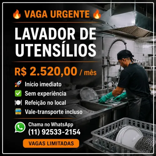 VAGA DE EMPREGO - LAVADOR DE UTENSÍLIOS 2.520,00 Mensal