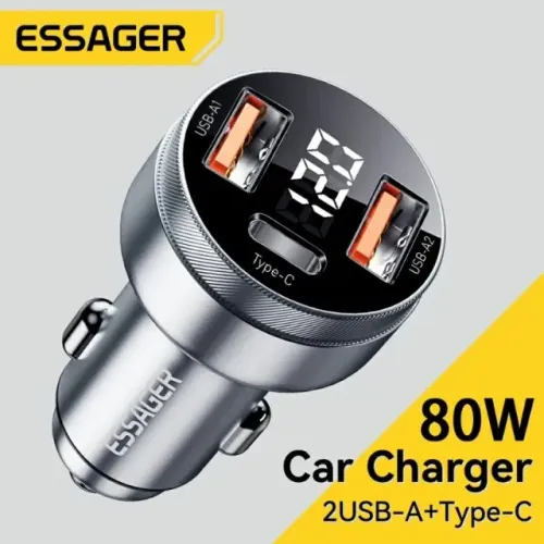 Carregador Veicular Essager 80W com Display uma Usb-c duas Usb-a PD3.0 + QC3.0 Triplo