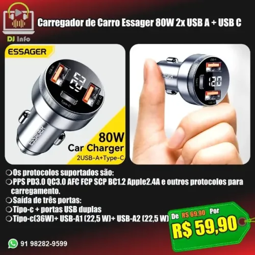 Carregador de Carro Essager 80W 2x USB A + USB C