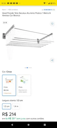 Varal de teto ou parede de alumínio 1,2 m