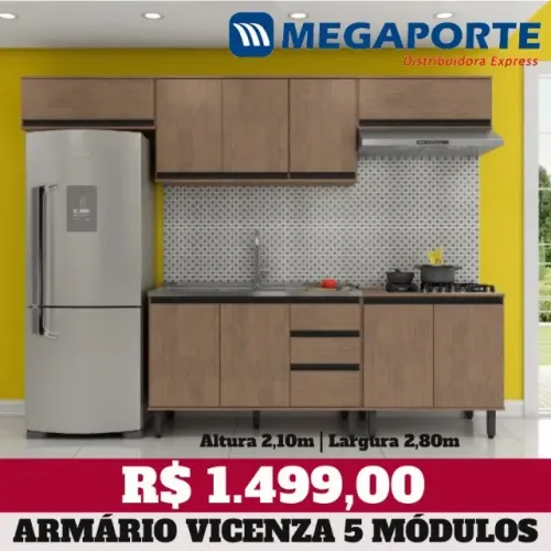 Armário de Cozinha Completo 5 Módulos com 3 Aéreos (Novo) Entrega Grátis! 