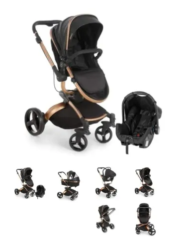 Carrinho de bebê marca Galzerano Vulkan c/Assunto 360° - Preto/Dourado