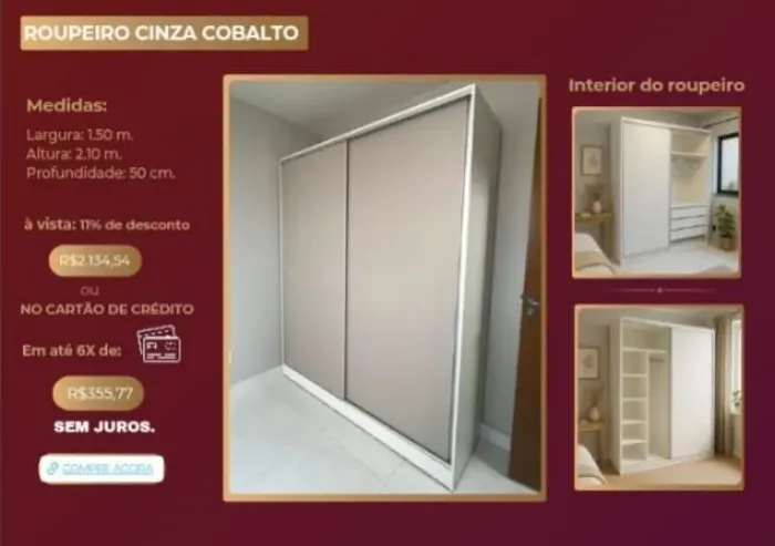Roupeiro de casal cinza em mdf