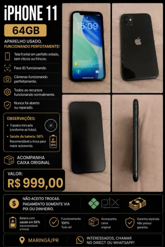 iPhone 11 64GB Preto - Funcionando Perfeitamente - R$ 999