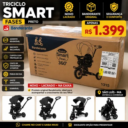 Triciclo Smart Fases Bandeirante Preto - NOVO E LACRADO ?