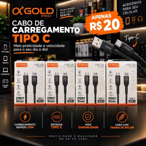 Cabo Tipo C Turbo 20W Tecido Nylon Reforçado A'Gold Pro CB98-3 - Novo Lacrado