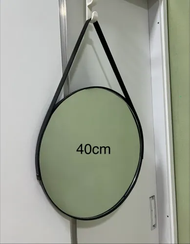 Espelho Redondo Decorativo 40cm moldura e alça couro PRETO