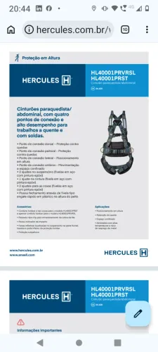 Cinto segurança tipo paraquedista com talabarte duplo retrátil