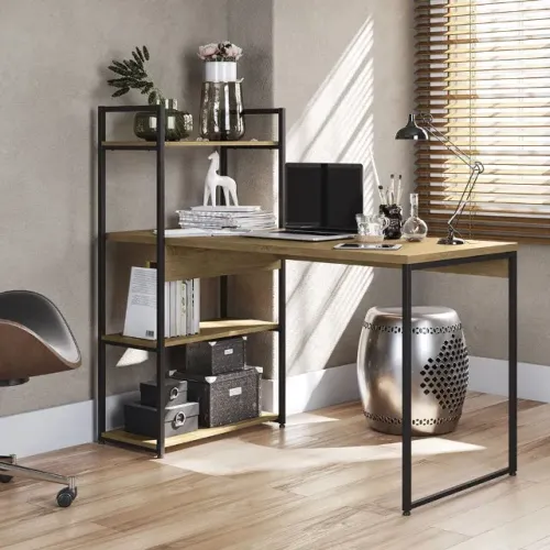 Escrivaninha com 3 prateleiras de MDF e pés de aço 1,36x0,6