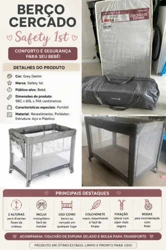 Vendo berço cercado Safety 1ST em EXCELENTE estado