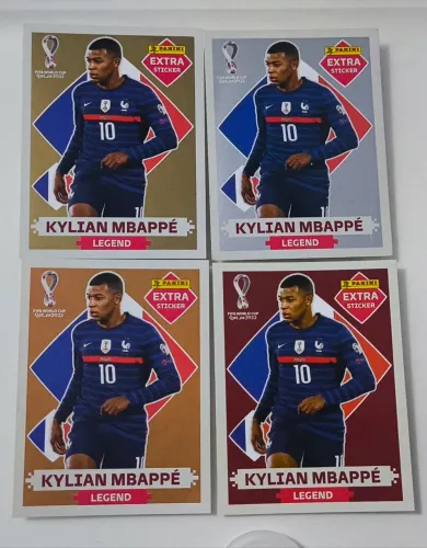 As 4 legends do Kylian Mbape, originais Panini, ouro, prata bronze e bordô.