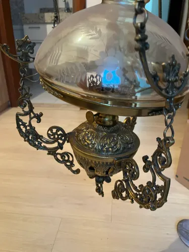 Lustre de Bronze estilo lampião Natalino Tomasi Cúpula laranja/rose