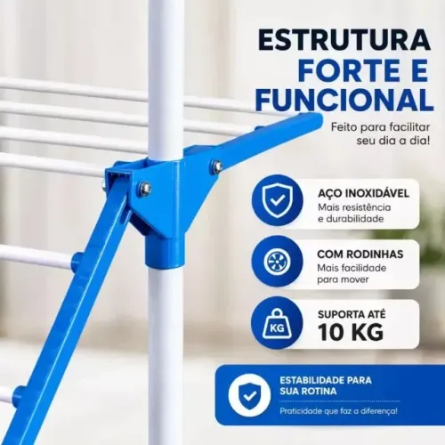 Varal De Roupa Dobrável Torre 3 Andares Com Rodas Aço Inox Vertical Azul Umbrella