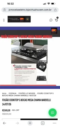 FOGÃO COOKTOP NARDELLI 5 BOCAS