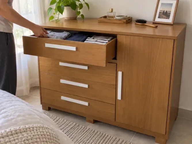 >NOVA< Cômoda Amadeirada com 4 Gavetas e 1 Porta