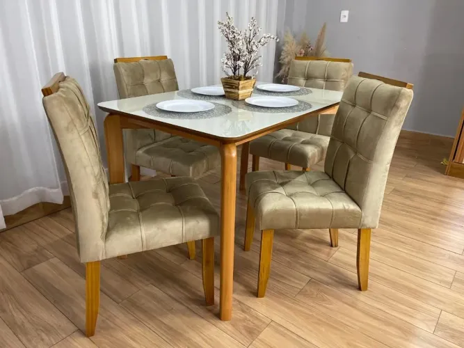 Mesa de Jantar 120x80 com 4 Lugares Veludo Bege