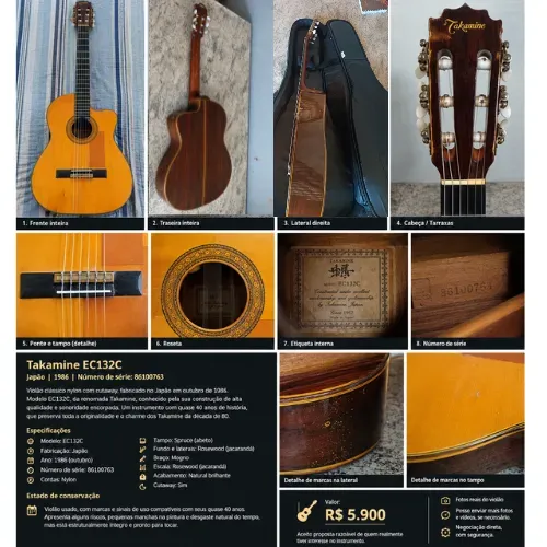 Violão Takamine Made in Japan, fabricado em outubro de 1986, serial *