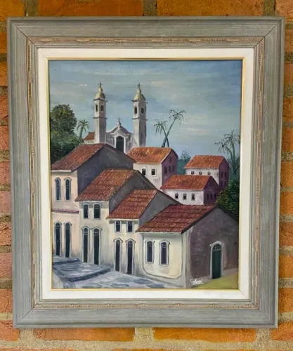 Pintura Original de Cássio Augé - Paisagem Colonial Histórica