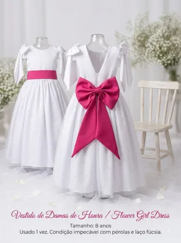 Vestido Dama de Hornra branco com laço Fucsia / Rosa