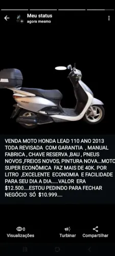 MOTO HONDA LEAD 110 ANO 2013 TODA REVISADA NOVA SEM RISCOS OU DETALHES