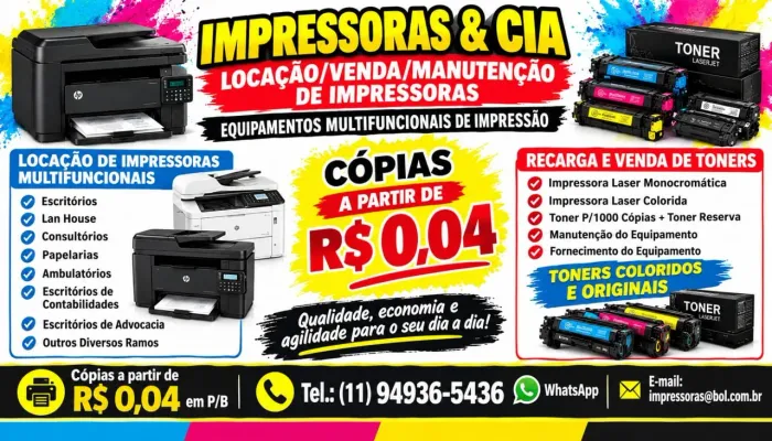 Locação de Impressoras e manutenção de equipamentos laser Hp