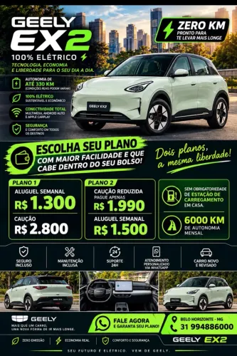 ALUGUEL - GEELY EX2 100% ELÉTRICO ZERO KM - ESCOLHA O PLANO QUE CABE NO SEU BOLSO!