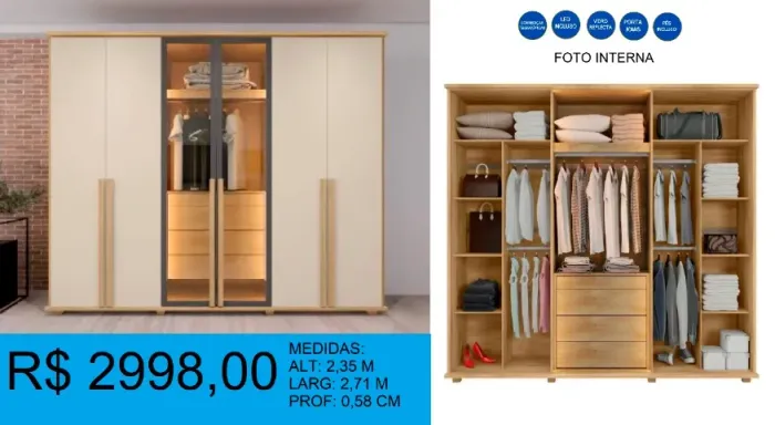 Guarda roupa grande com vidro reflacta - entrega e montagem gratuita