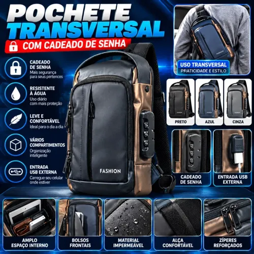 Pochete transversal com cadeado senha