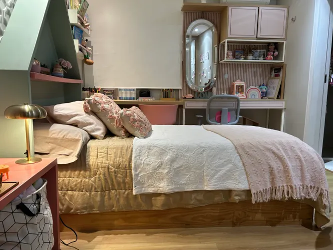 Cama Solteiro com Bicama em Madeira Maciça Pinus + Cabeceira Casinha