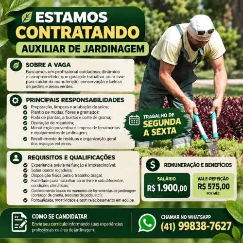 Vaga auxiliar de jardinagem com experiência