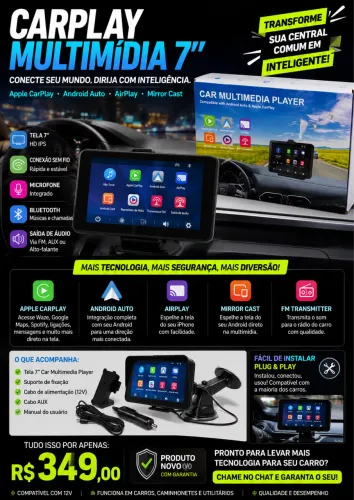 CarPlay Android Auto 7? Tela Multimídia Universal Sem Fio Bluetooth