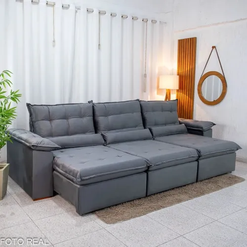 Sofá Retrátil Reclinável Emanuelly 3.20m Veludo Cinza 20 - D28 Soft