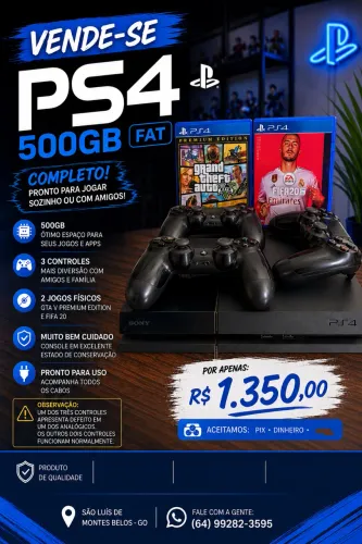 PS4 FAT 500GB + 3 CONTROLES + 2 JOGOS