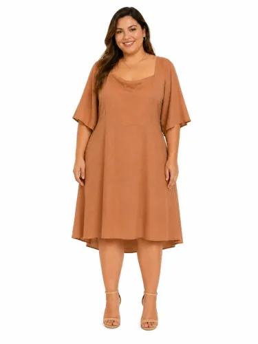 Vestido Feminino Plus Size Caramelo Manga Longa Decote V Casual Elegante