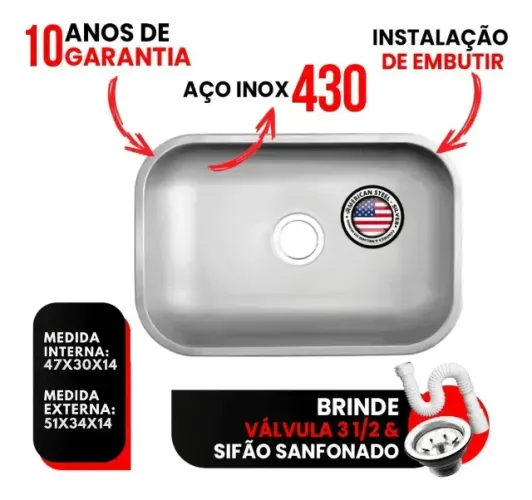 Cuba Aço Inox American Steel N°1-14 Extra Funda Fosco 47x30