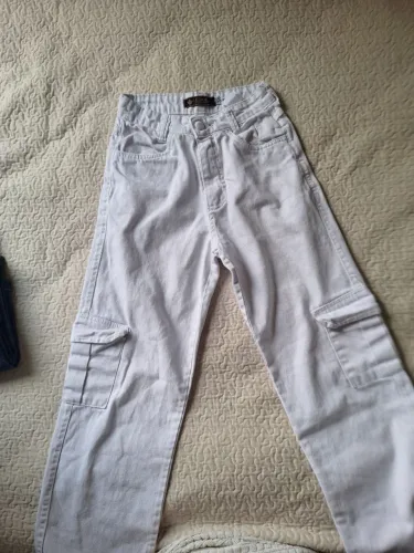 Calça jeans cargo wide leg branca sarja feminina nova
